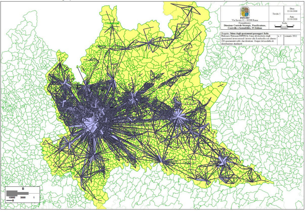 Linee di desiderio degli spostamenti feriali: 
Relazioni OD intercomunali interne alla Lombardia con almeno 50 spostamenti giorno nelle due direttrici stimate con il modello Audimob