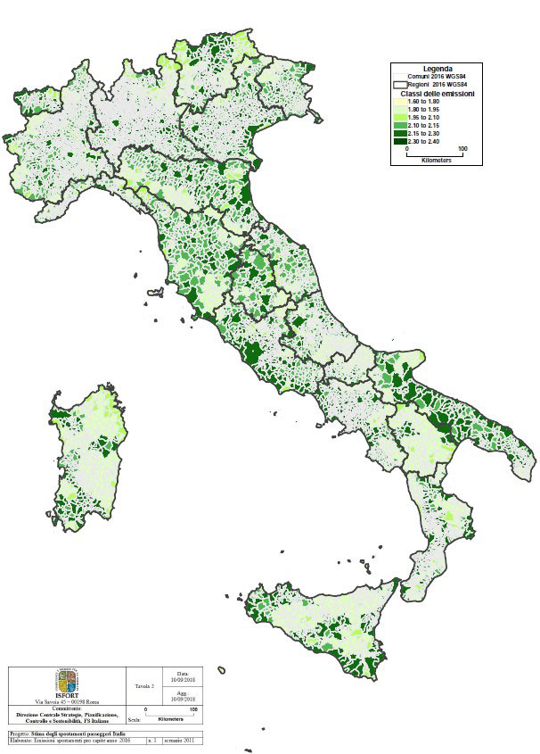 Numero di spostamenti pro-capite stimati per l’anno 2016 per i 7.092 comuni Italiani